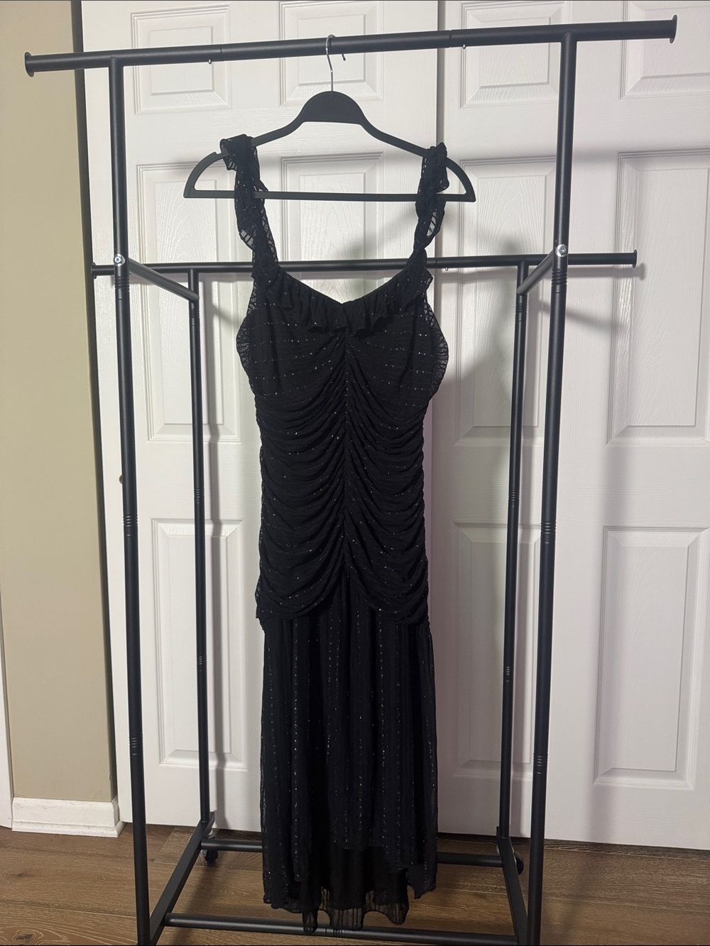 BCBGeneration Black Ruched Sparkle Midi Dress